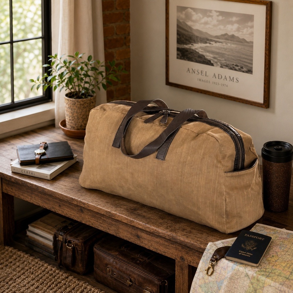 Everlane Twill Weekender Duffel Bag Golden Brown Leather Trim Travel